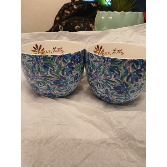 Lilly Pulitzer Set of 2 Ceramic Coffee Tea Mugs Gold Handle Floral Design - Picture 2 of 4